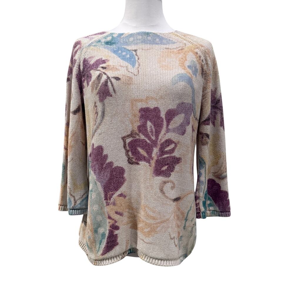 Chico's Floral Knit Sweater Women 1 Medium Pastel Beige Purple Blue 3/4 Sleeve